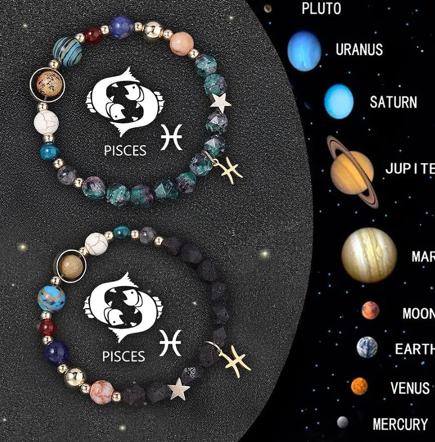 Two natural stone zodiac bracelets with adjustable cords showing sliding knot mechanism and zodiac bead details
