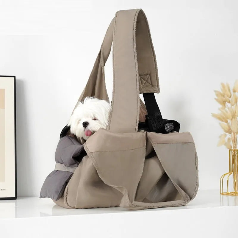 Apricot coloured soft cloth portable pet carrier handbag for small dogs and cats.