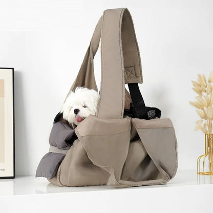 Apricot coloured soft cloth portable pet carrier handbag for small dogs and cats.