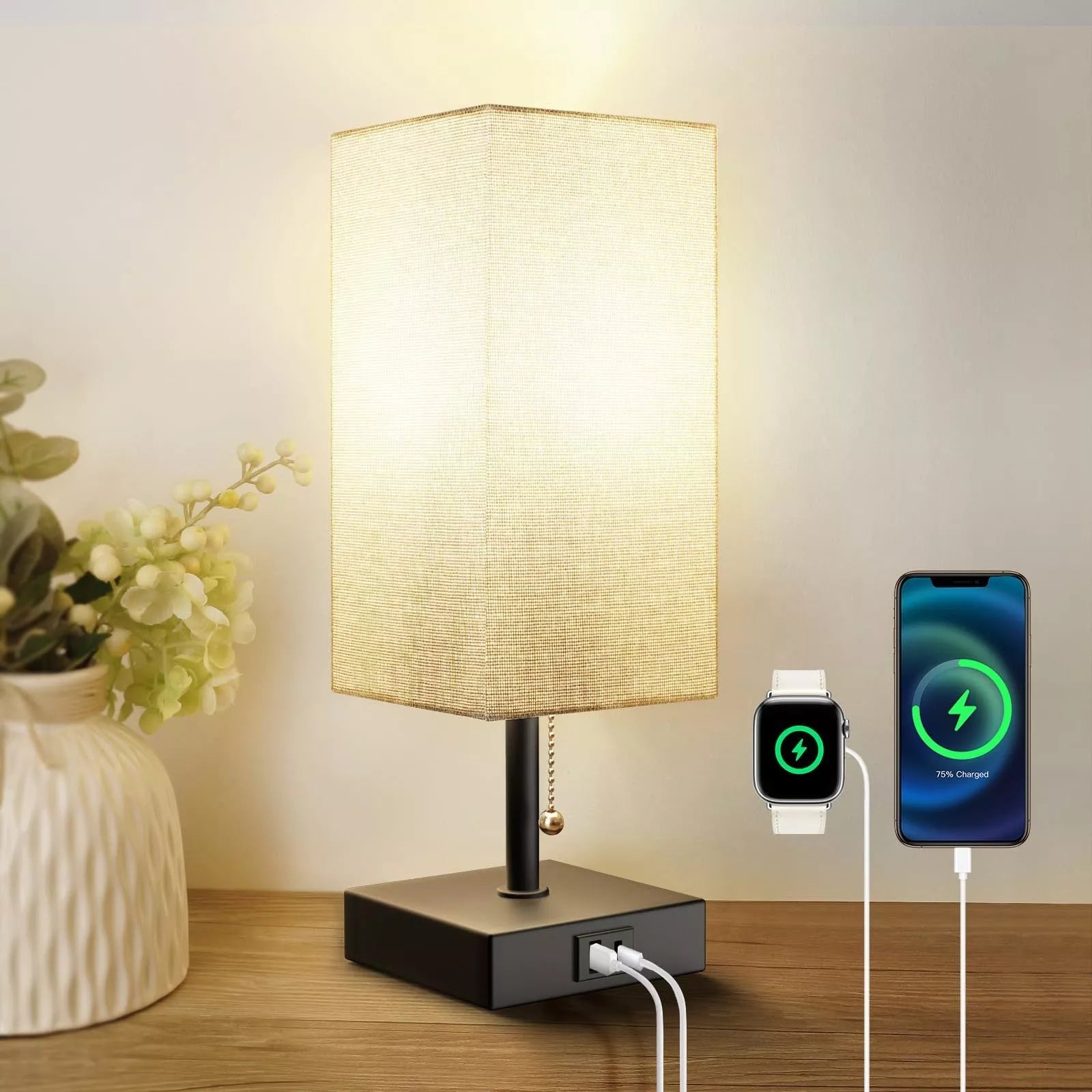 Adjustable brightness bedside lamp with USB charging ports in various colors