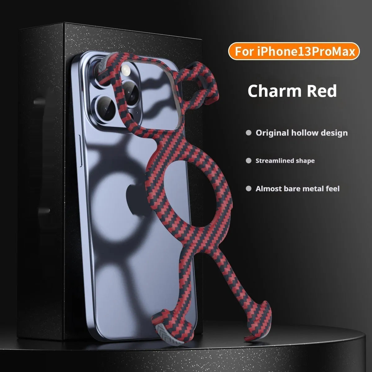 Carbon fibre grain magnetic frameless iPhone case in black and red, PC electroplated, for iPhone 13 14 15