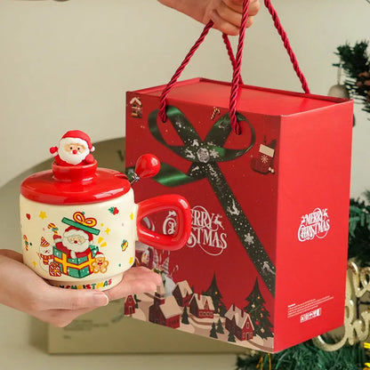 Christmas ceramic cup with lid, 8cm height, 9cm caliber, 301-400ml, round single-layer cartoon festive design