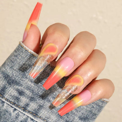 Rainbow gradient fake nails with marble pattern, long and pointed design