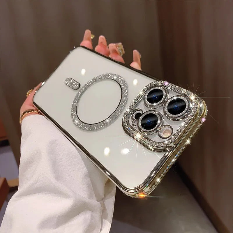 Wireless magnetic iPhone case with soft silicone edges and electroplated finish in deep purple colour