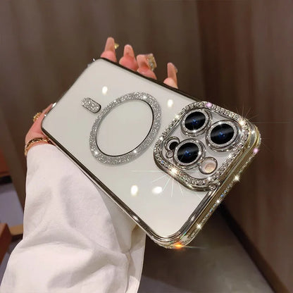 Wireless magnetic iPhone case with soft silicone edges and electroplated finish in deep purple colour