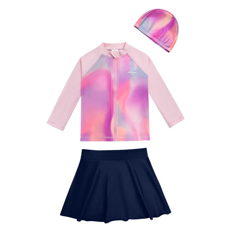 Girls' long sleeve swimsuit with split skirt in gradually varied pink colour, showing complete arm coverage and skirt design
