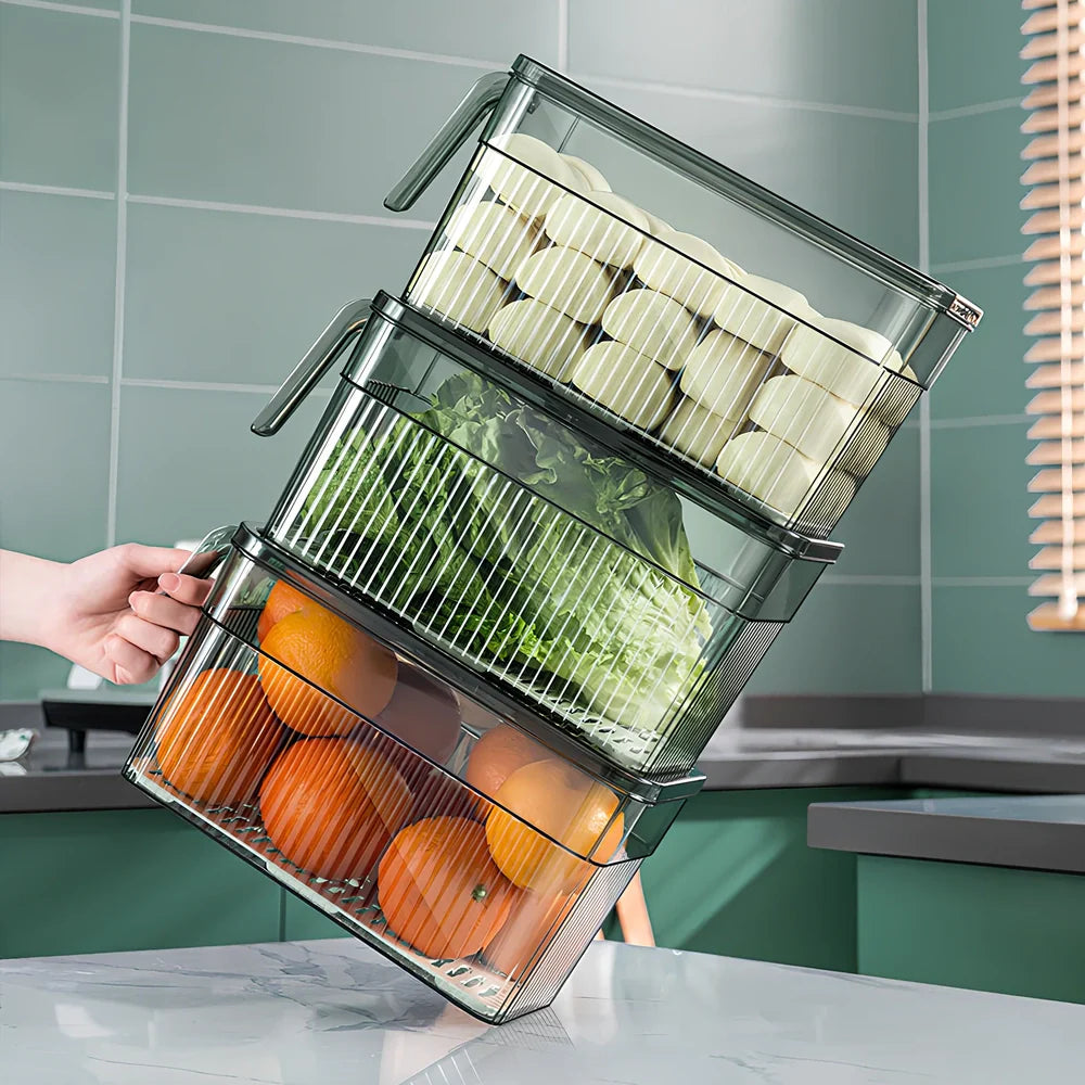Green plastic food storage box with airtight lid for refrigerator organisation