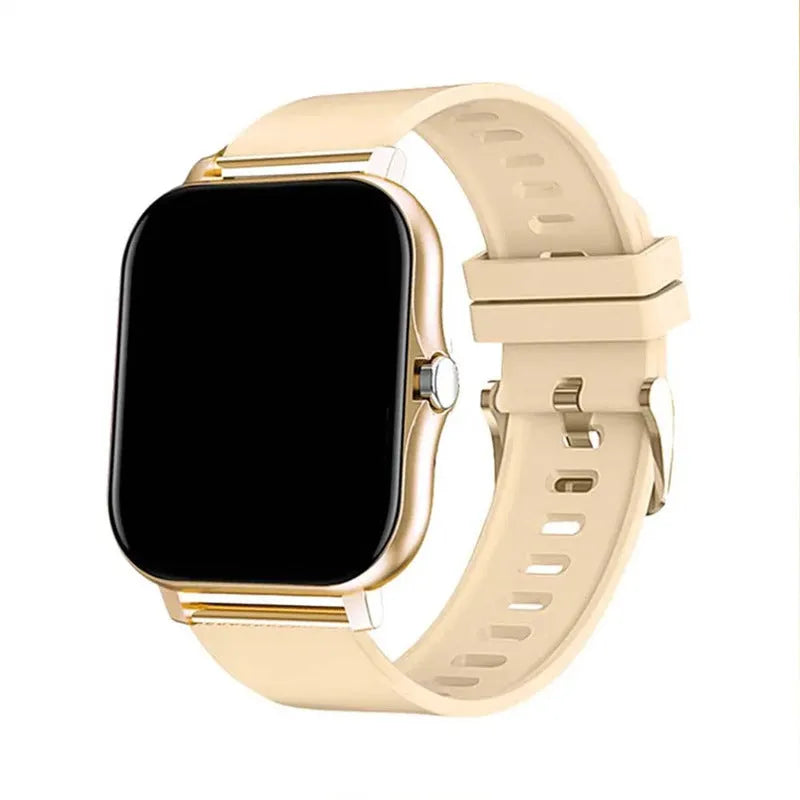 Smart watch with 144-inch touchscreen displaying health metrics, silicone strap, waterproof design for daily activity tracking