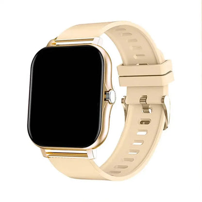 Smart watch with 144-inch touchscreen displaying health metrics, silicone strap, waterproof design for daily activity tracking