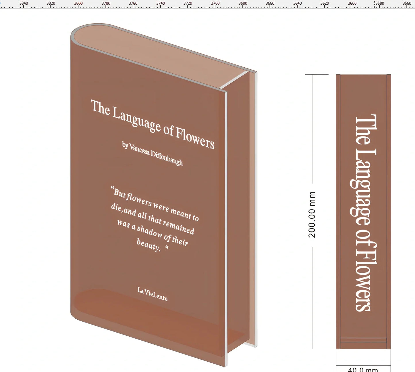 Transparent book-shaped acrylic vase, 22cm long with black font, refracting sunlight for home decor