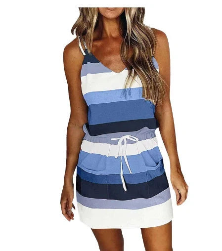 Women's cotton striped drawstring summer dress in various colors
