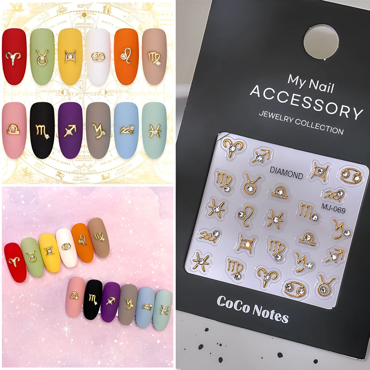 Constellation embossed nail sticker in MJ069 Gilding and MJ069 Hot Silver, ultra-thin seamless adhesive design for nail art.