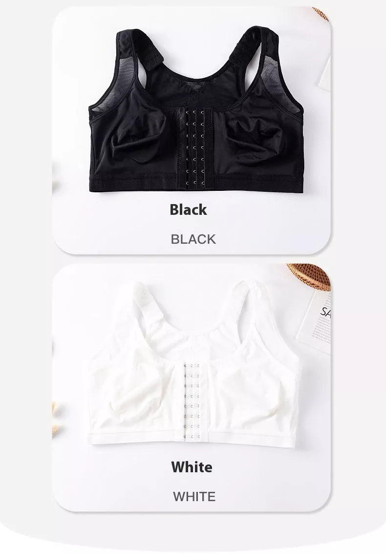 Plus-size front buckle sports bra in white, black, and apricot