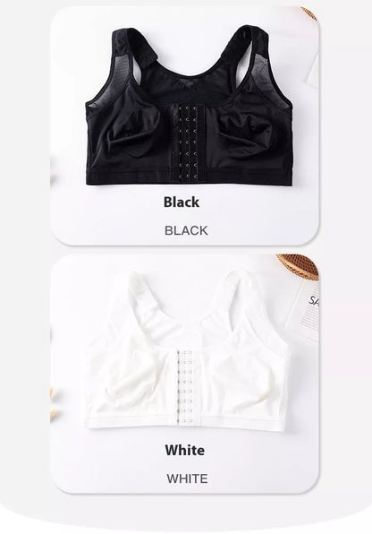 Plus-size front buckle sports bra in white, black, and apricot