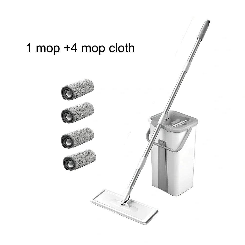Rotating floor squeeze mop with microfiber head and flat bucket for home cleaning