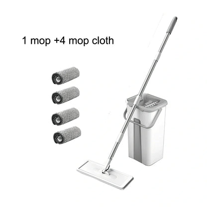 Rotating floor squeeze mop with microfiber head and flat bucket for home cleaning