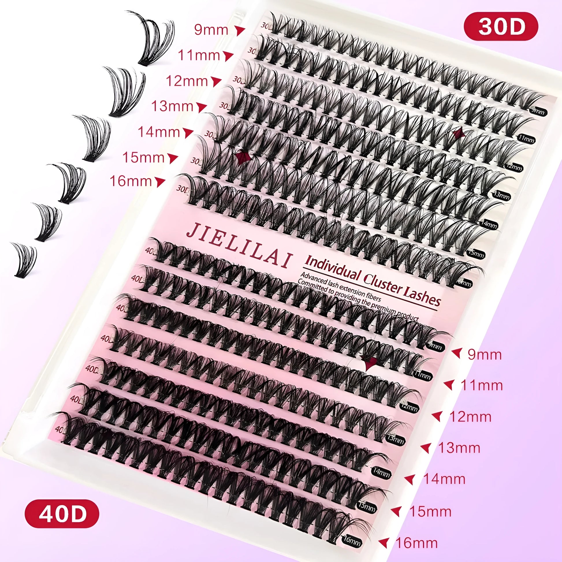 DIY cluster false eyelashes mixed package showing boxes of 30D and 40D lashes with tweezers