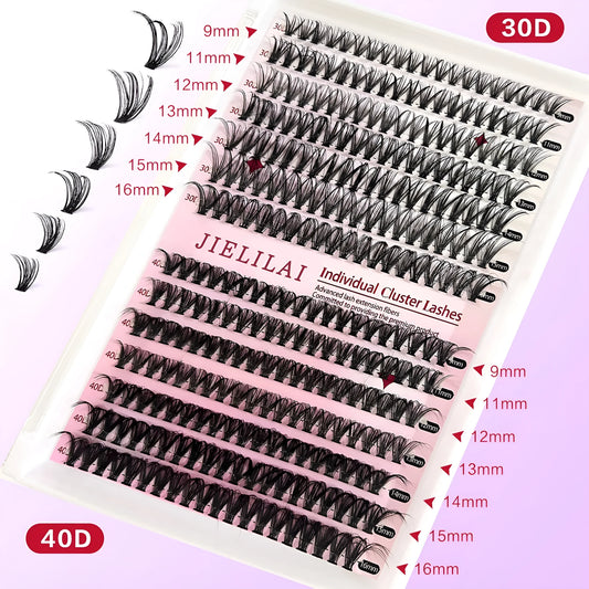DIY cluster false eyelashes mixed package showing boxes of 30D and 40D lashes with tweezers