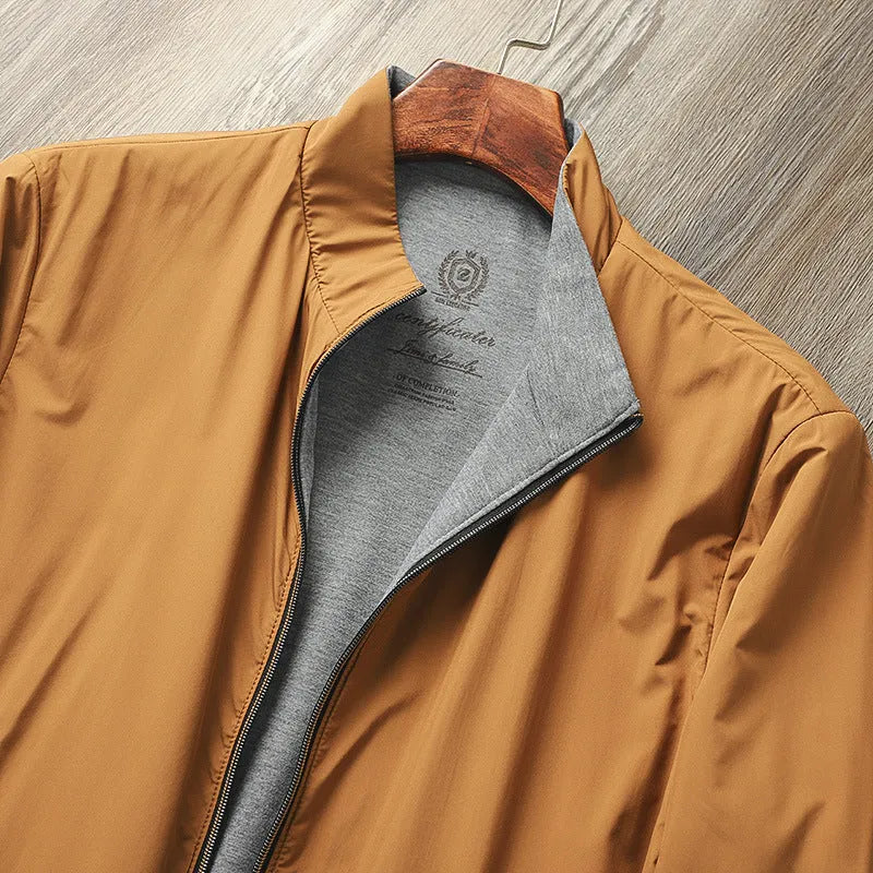Men's simple stand collar casual jacket in army green, shown on a model.