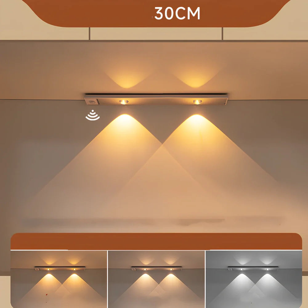Silver LED inductive light strip, 40cm length, attached to shoe cabinet shelf with 3M adhesive