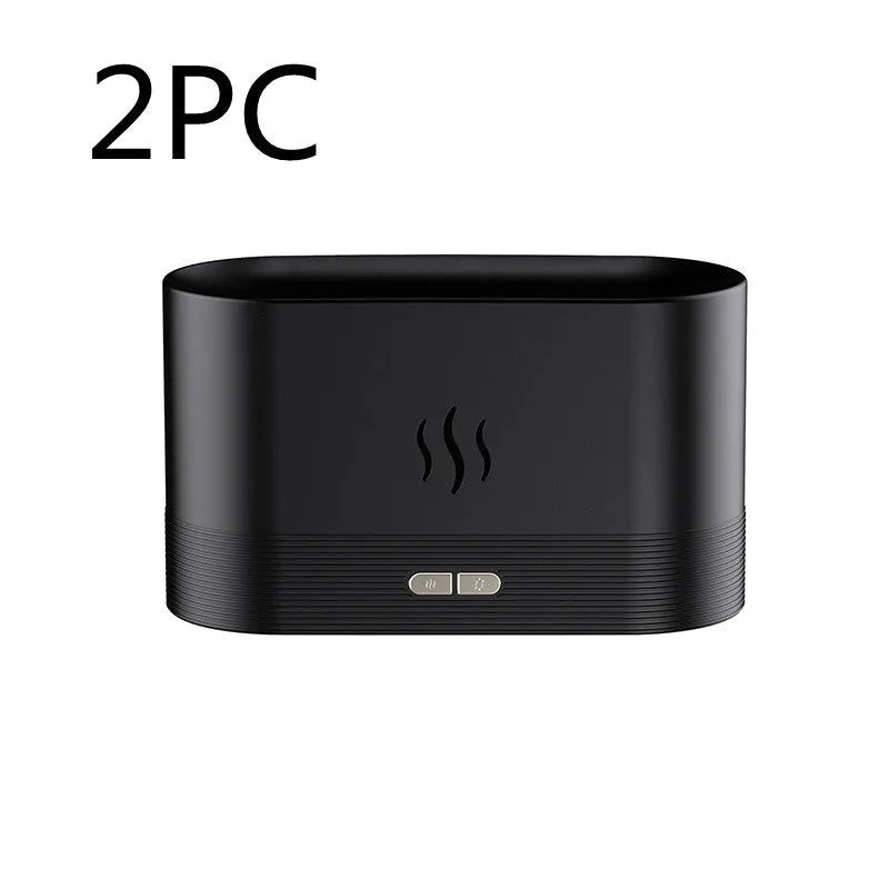 Square black aroma diffuser with flame light effect and mist output, 75x75x137mm