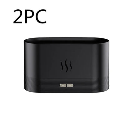 Square black aroma diffuser with flame light effect and mist output, 75x75x137mm