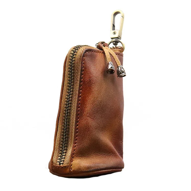 Men's waist-hanging key case in full-grain cowhide genuine leather with distressed finish, available in five solid colours