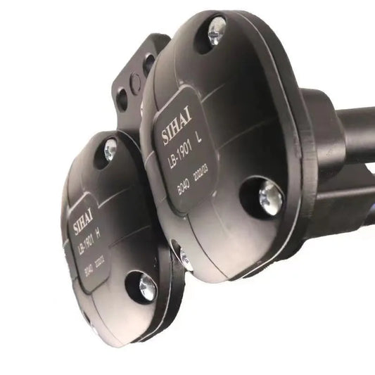 Black dual trumpet air horn with compressor for 12V and 24V vehicle systems
