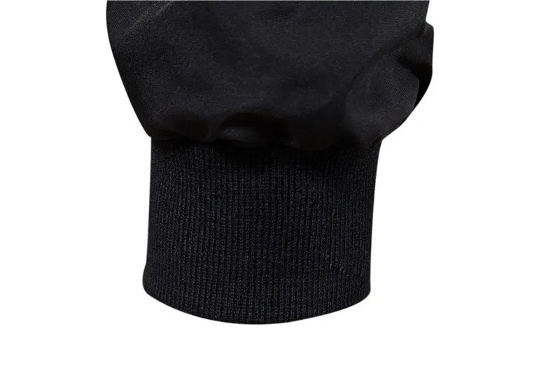 Men's thin polyester jacket in dark blue, black, or army green with continental sizing from S to XXL for casual wear.