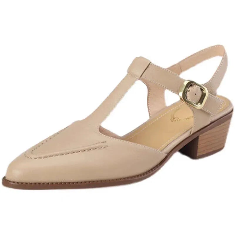 Women's closed toe pointed sandals with chunky heel, synthetic leather upper and rubber sole, in apricot or light brown