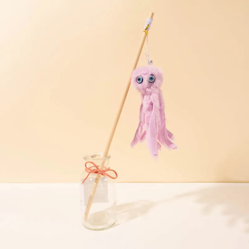 Long stick cat toy with furry octopus attachment and eyes in assorted colours