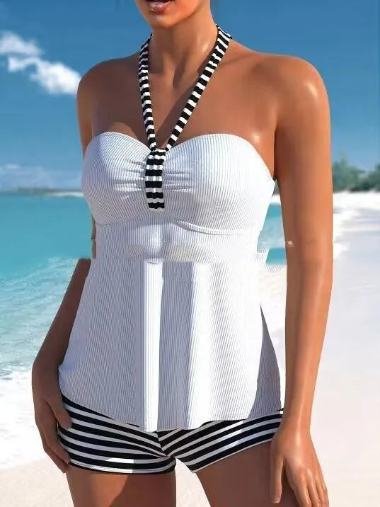 Women's off-shoulder striped swimsuit in black and white design with briefs style