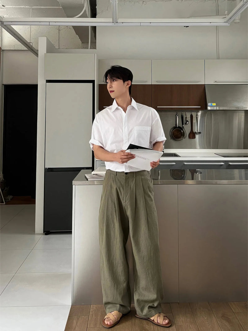 Men's linen trousers in Army Green, Japanese-inspired leisure pants with drawstring waist, available in sizes M, L, XL, XXL, 3XL, for casual, relaxed wear.
