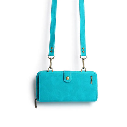 Detachable wallet backpack phone case in black, blue, brown, or red for iPhone and Samsung Galaxy models
