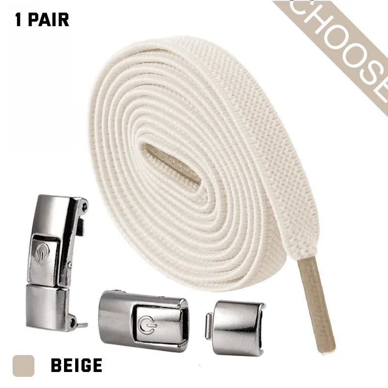 A pair of black widened flat elastic shoelaces with a silver press lock buckle on a white background.