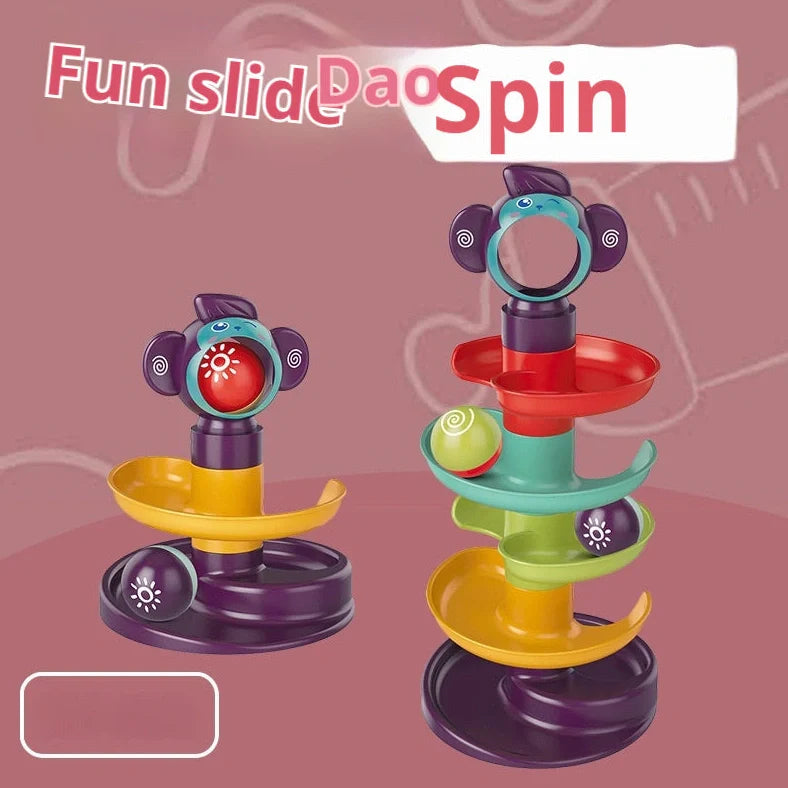 Children's railway Jenga building blocks with slide rotating table packaging showing music functions and 28cm measurement