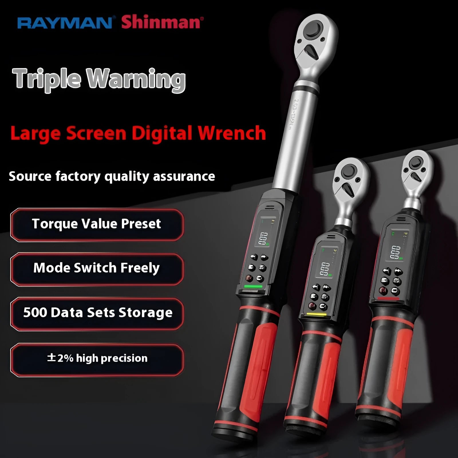 Electronic digital display torque wrench with a chrome-vanadium steel body on a workshop bench.