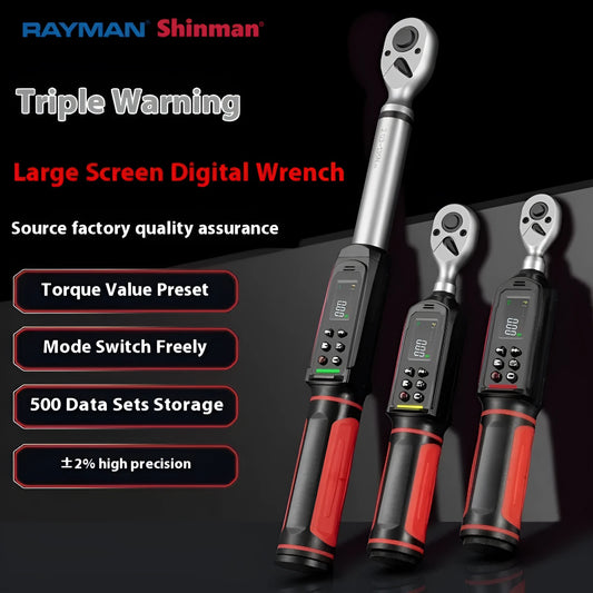 Electronic digital display torque wrench with a chrome-vanadium steel body on a workshop bench.