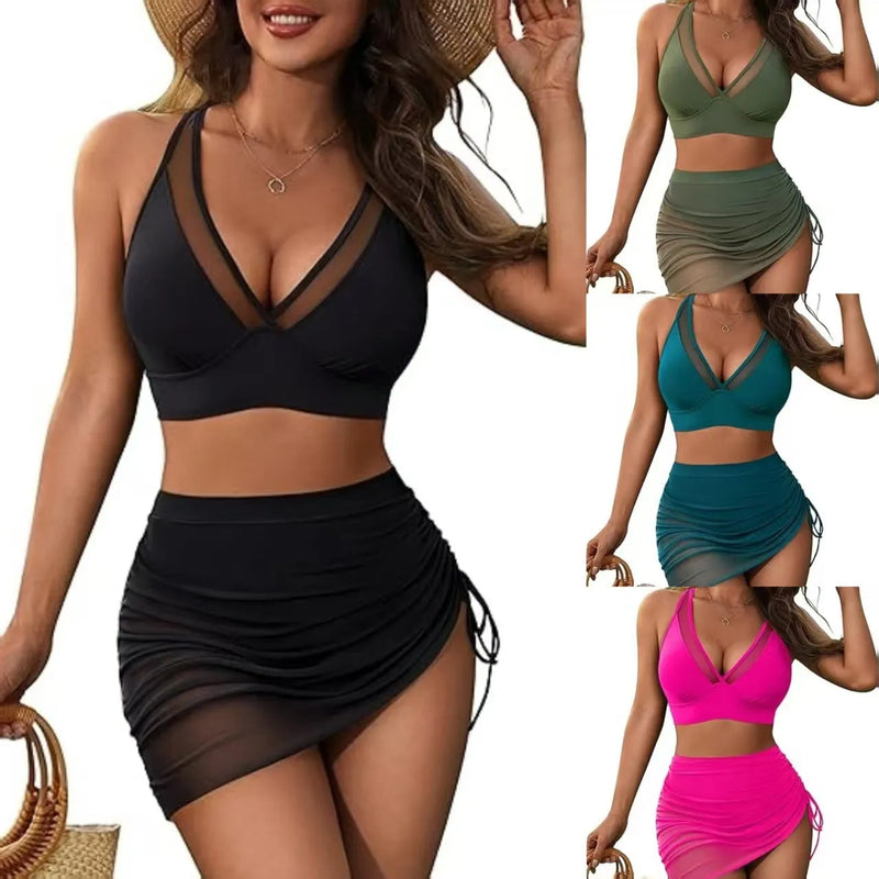 Women's Mesh Stitching Swimsuit with Drawstring Split Detail, Solid Colour Bikini Set in Polyester Lining, Available in S-XXL, 12 Colour Options for Swimming and Wading