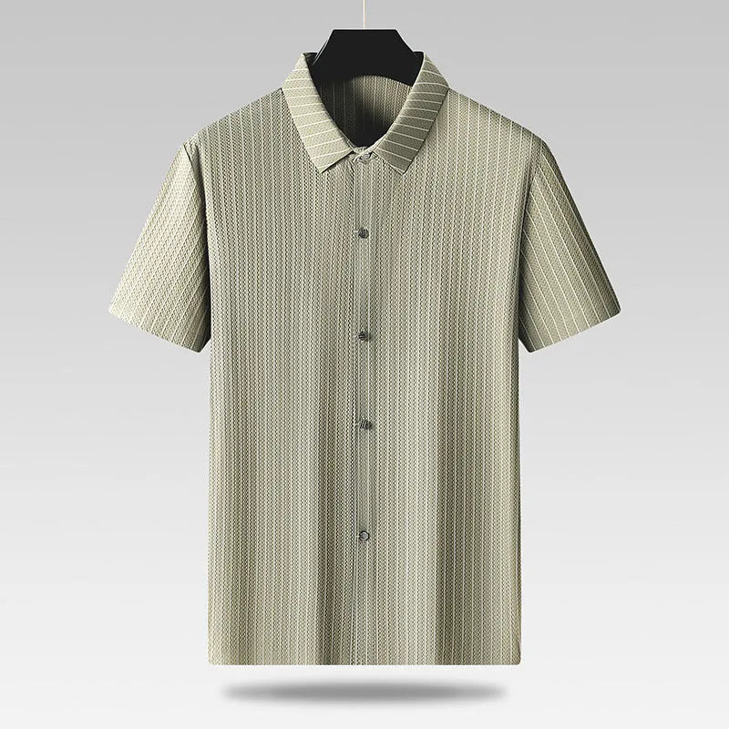Black and khaki striped plus size men's casual shirt with a square collar, shown in a loose fit.