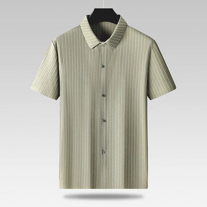 Black and khaki striped plus size men's casual shirt with a square collar, shown in a loose fit.