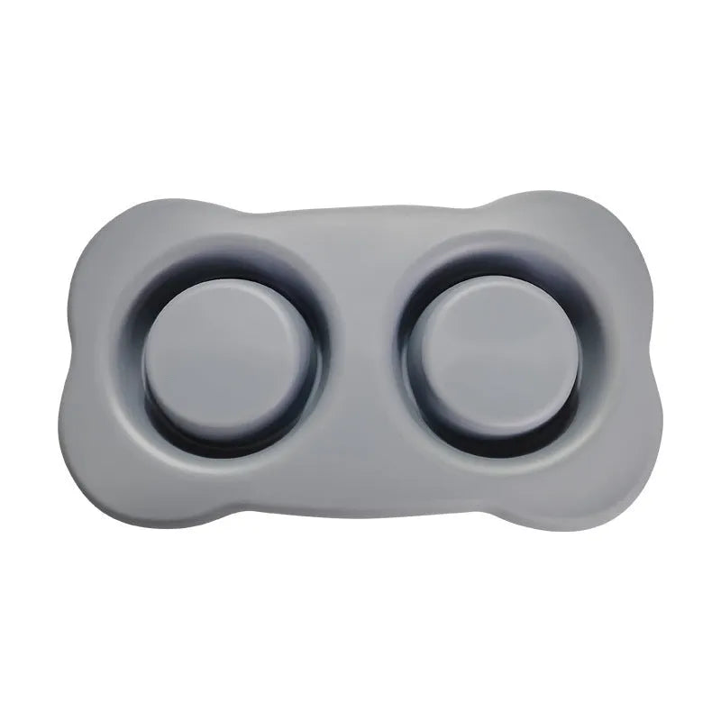 Large silver grey silicone dual compartment dog bowl with stainless steel base for separating food types