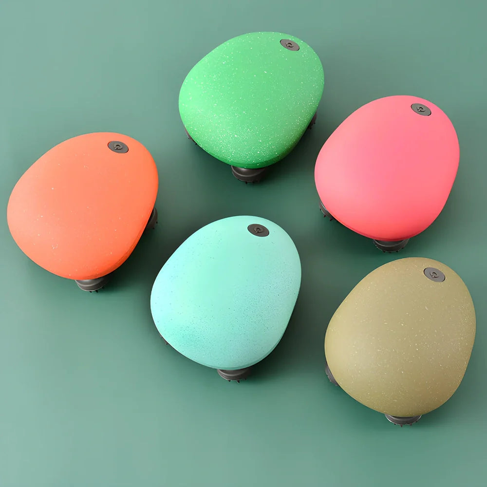 Automatic scalp massager with 8 blue silicone heads arranged in circular pattern on white background