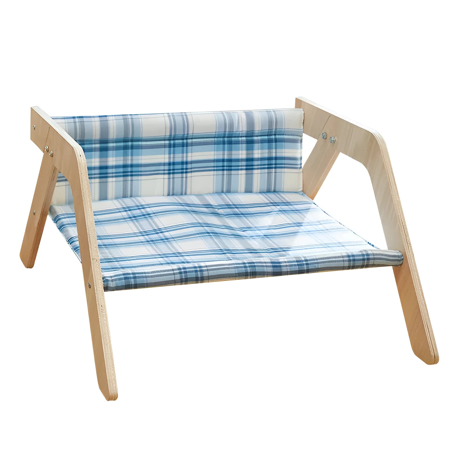Wooden elevated cat hammock bed with soft fabric insert in blue or green colour options