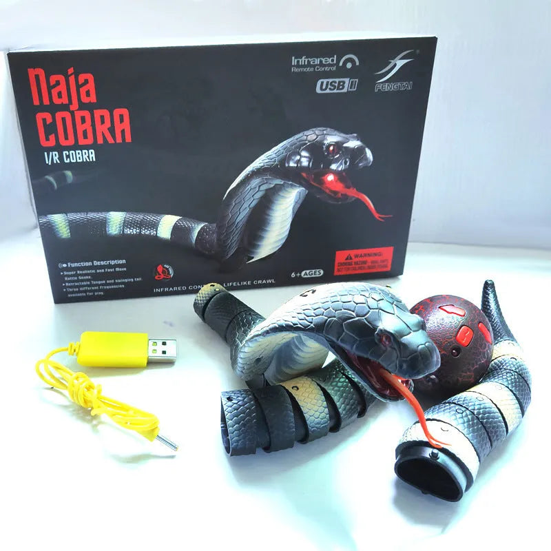 Smart sensing electronic snake cat toy with segmented body for realistic slithering motion on floor.