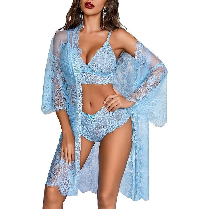Ladies lace fabric underwear set with adjustable straps and decorative front bow detail