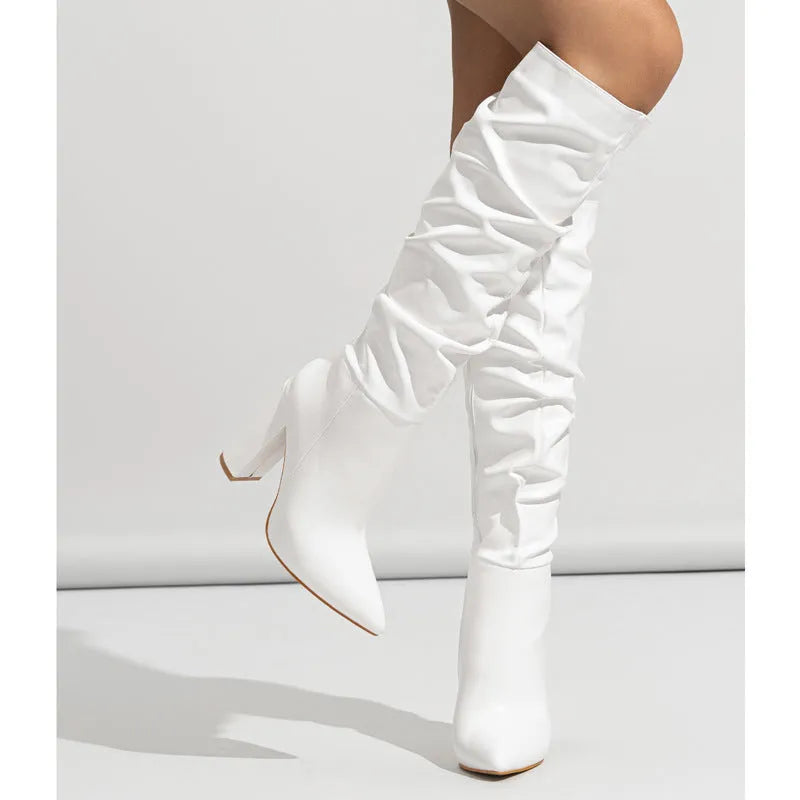 Women's pointed toe high heel boots with side zipper in white and pink colour options