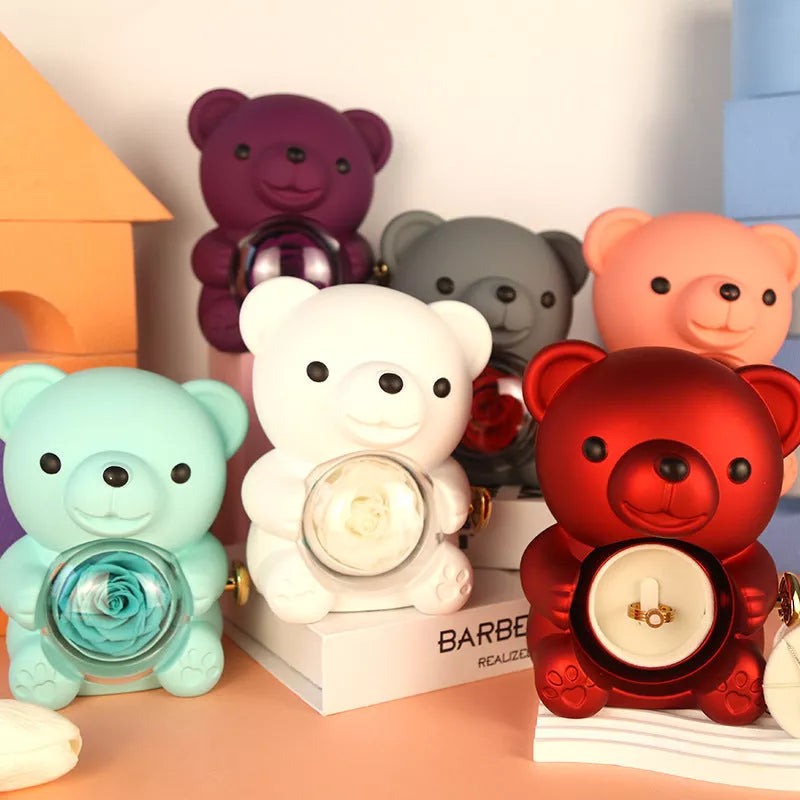 Eternal Rose Teddy Bear Jewelry Box with rotating drawer and preserved rose