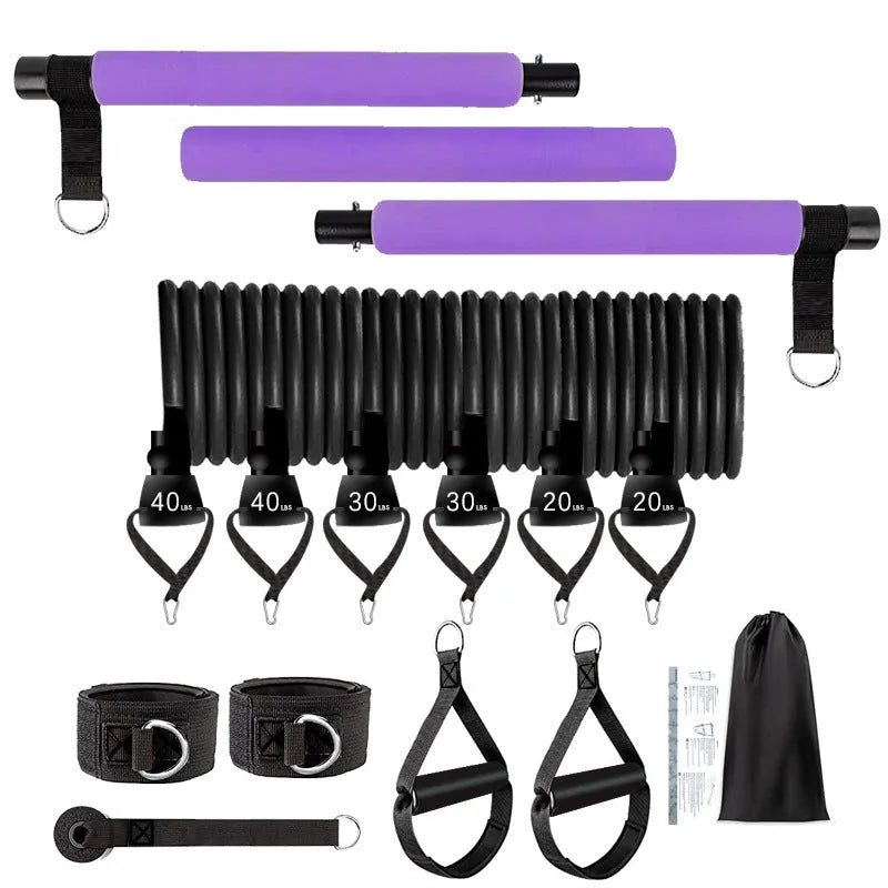 TPE rope stretch fitness stick 11-piece set in pink, purple, and black colours with adjustable resistance