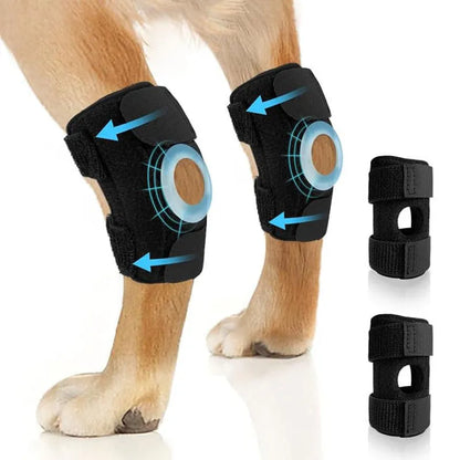 Black pet leg guard for joint support, made from polyester, suitable for dogs and cats with ACL tears or dislocation.